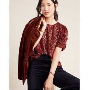 By Anthropologie sequin puff sleeve blouse, size 4 rust sparkle shirt top dressy